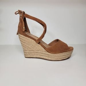UGG | Reagan Open Toe Anklestrap Tan Suede Espadrille Platform Wedges 9.5